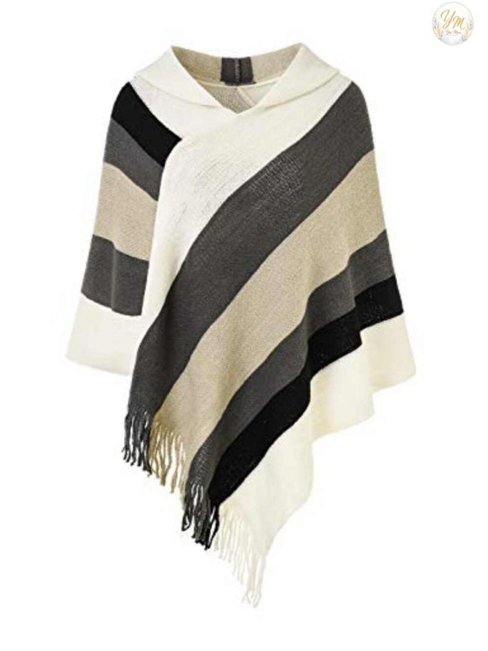 Striped Knit Poncho Sweater Fringe Shawl Wrap Lightweight Fall Winter
